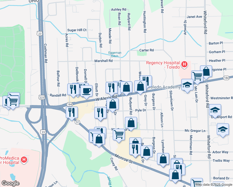 map of restaurants, bars, coffee shops, grocery stores, and more near 5600 West Alexis Road in Sylvania