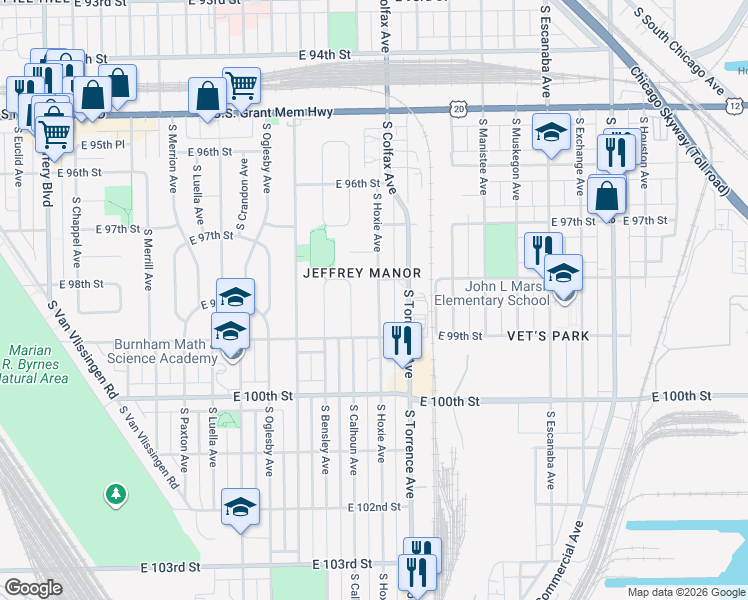 map of restaurants, bars, coffee shops, grocery stores, and more near 9821 South Hoxie Avenue in Chicago