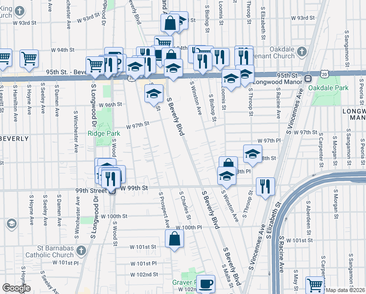 map of restaurants, bars, coffee shops, grocery stores, and more near 9742 South Beverly Boulevard in Chicago