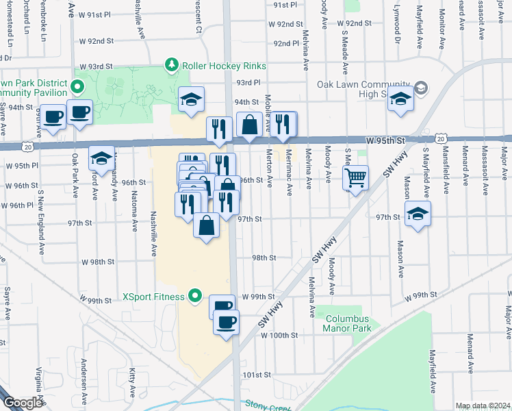 map of restaurants, bars, coffee shops, grocery stores, and more near 9643 Marion Avenue in Oak Lawn
