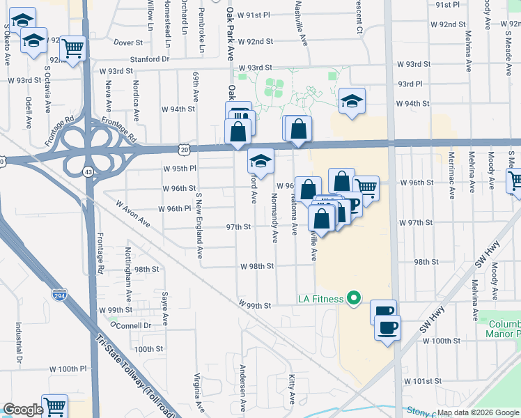 map of restaurants, bars, coffee shops, grocery stores, and more near 9630 Normandy Avenue in Oak Lawn