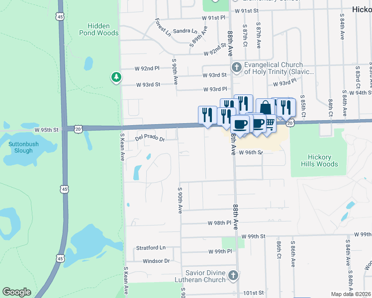 map of restaurants, bars, coffee shops, grocery stores, and more near 9531 South 90th Avenue in Palos Hills