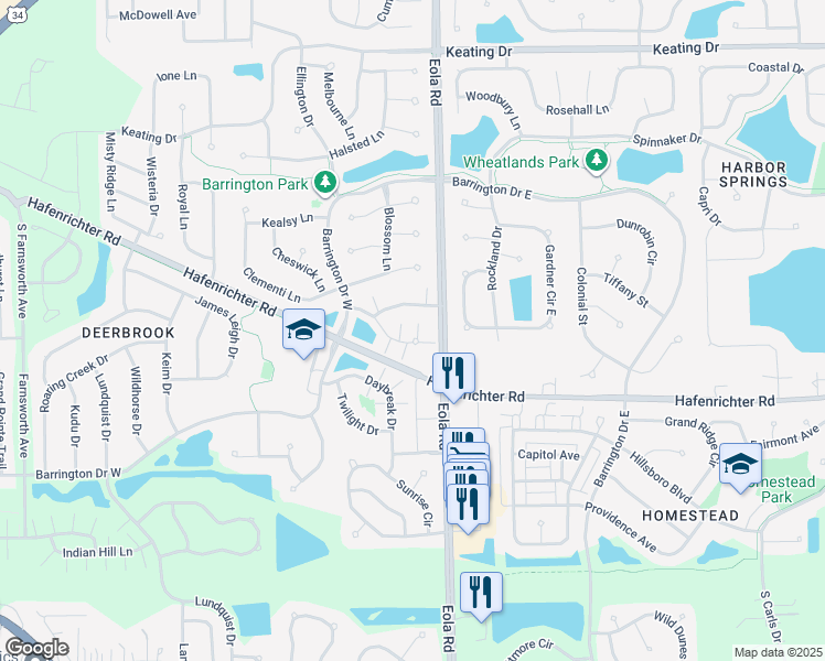 map of restaurants, bars, coffee shops, grocery stores, and more near 2426 Oakfield Court in Aurora