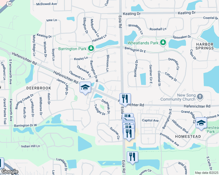 map of restaurants, bars, coffee shops, grocery stores, and more near 2393 Oakfield Court in Aurora