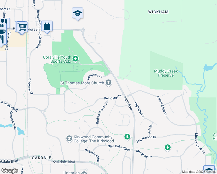 map of restaurants, bars, coffee shops, grocery stores, and more near 2001 Dempster Drive in Coralville