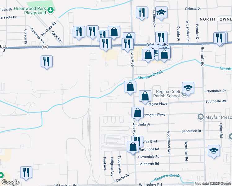 map of restaurants, bars, coffee shops, grocery stores, and more near 5523 Lewis Avenue in Toledo