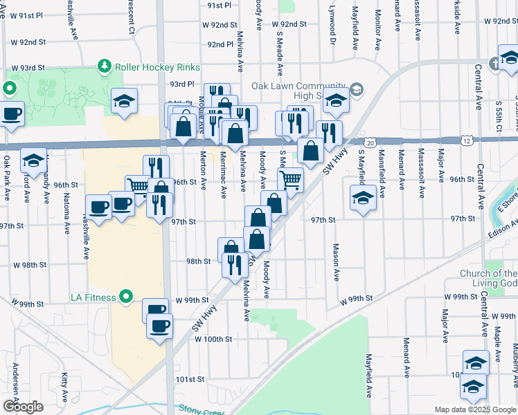 map of restaurants, bars, coffee shops, grocery stores, and more near 9640 Moody Avenue in Oak Lawn