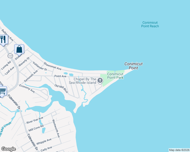 map of restaurants, bars, coffee shops, grocery stores, and more near 85 Point Avenue in Warwick