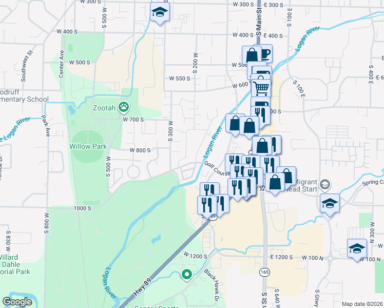 map of restaurants, bars, coffee shops, grocery stores, and more near 781 South Riverwalk Parkway in Logan