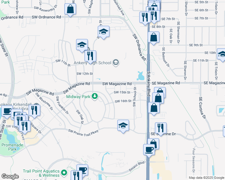 map of restaurants, bars, coffee shops, grocery stores, and more near 519 Southwest Heritage Lane in Ankeny