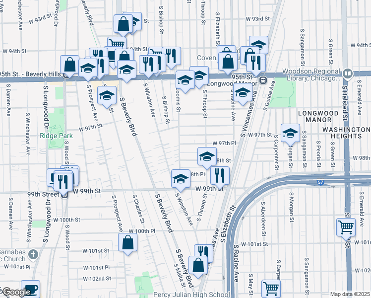 map of restaurants, bars, coffee shops, grocery stores, and more near 1347 West 97th Place in Chicago