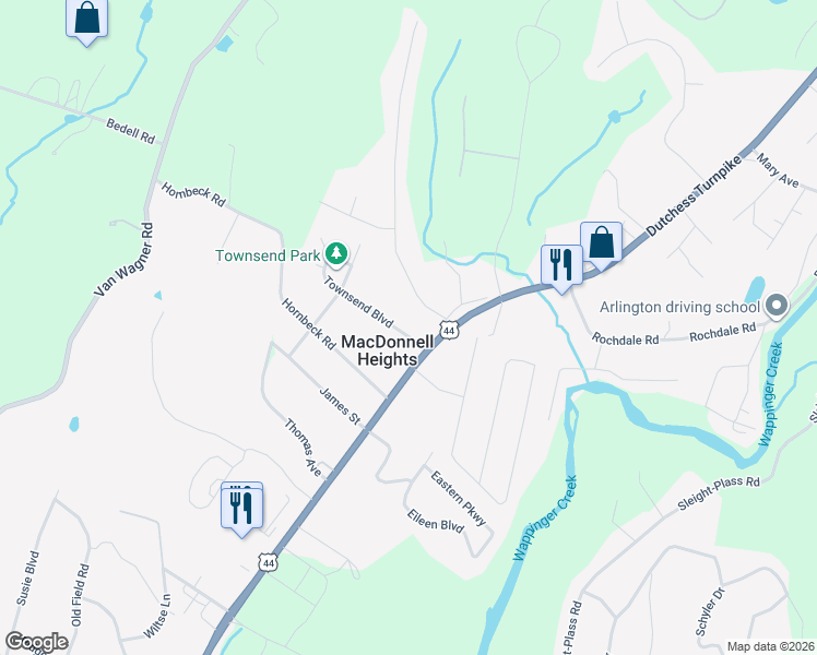 map of restaurants, bars, coffee shops, grocery stores, and more near 8 Townsend Boulevard in Poughkeepsie