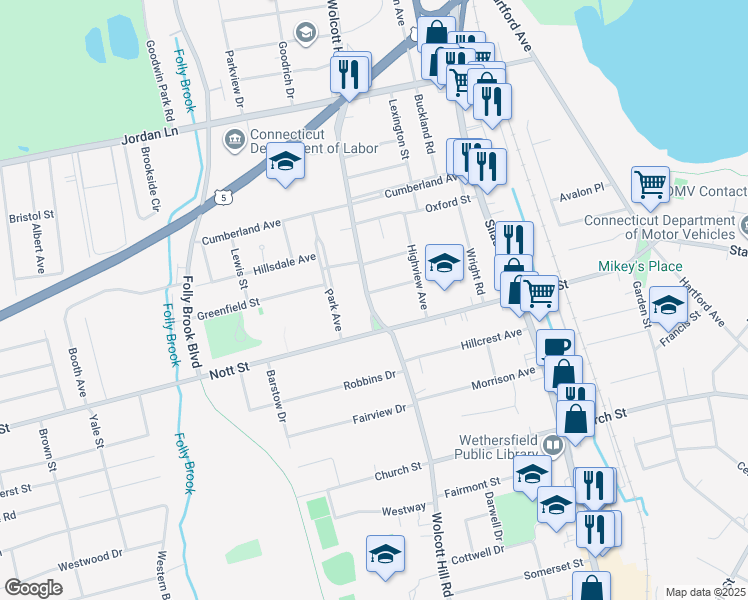 map of restaurants, bars, coffee shops, grocery stores, and more near 183 Wolcott Hill Road in Wethersfield