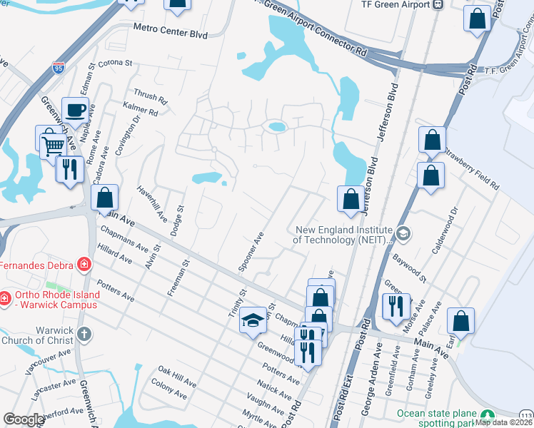 map of restaurants, bars, coffee shops, grocery stores, and more near 136 Spooner Avenue in Warwick