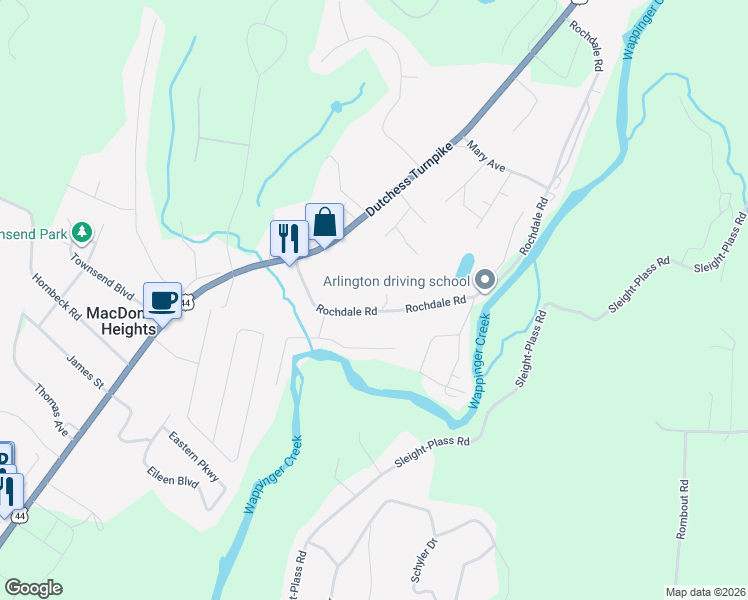 map of restaurants, bars, coffee shops, grocery stores, and more near 209 Rochdale Road in Poughkeepsie