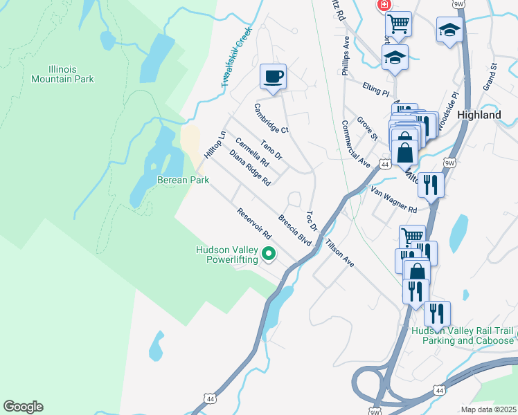 map of restaurants, bars, coffee shops, grocery stores, and more near 25 Brescia Blvd in Highland