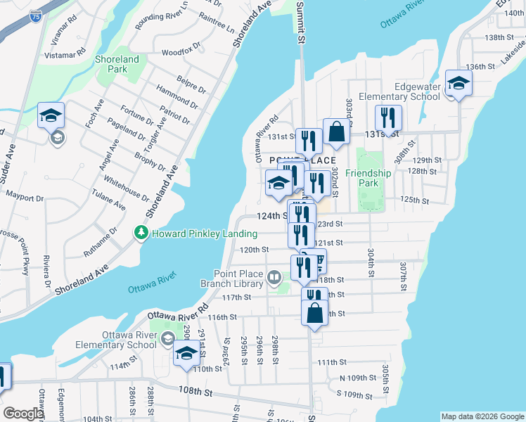 map of restaurants, bars, coffee shops, grocery stores, and more near 2615 124th Street in Toledo