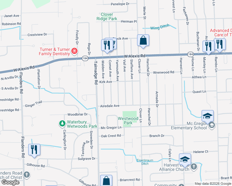 map of restaurants, bars, coffee shops, grocery stores, and more near 5601 Yarmouth Avenue in Toledo