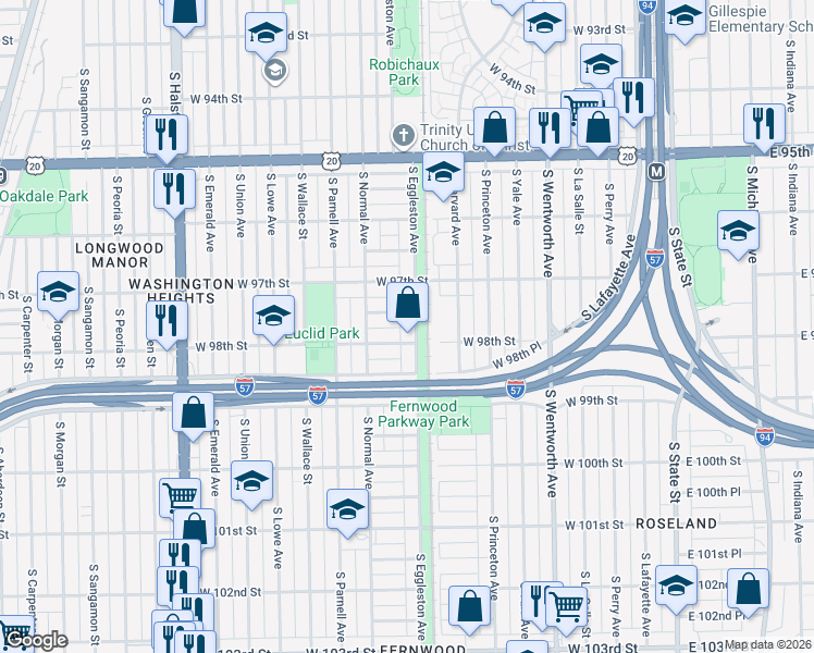map of restaurants, bars, coffee shops, grocery stores, and more near 414 West 98th Street in Chicago