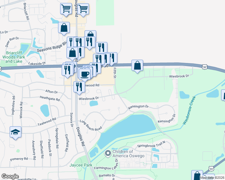 map of restaurants, bars, coffee shops, grocery stores, and more near 409 Canterbury Court in Oswego