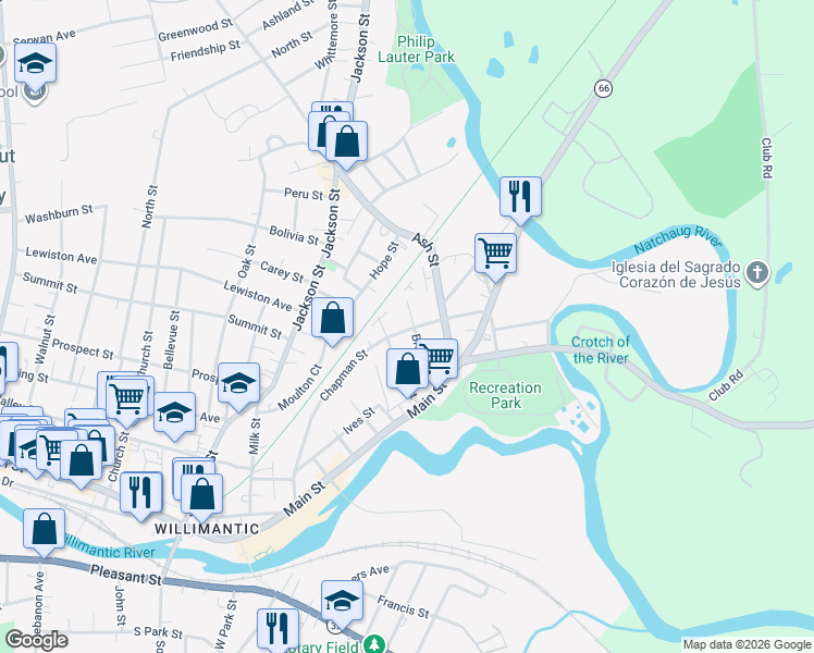 map of restaurants, bars, coffee shops, grocery stores, and more near 76 Brook Street in Windham