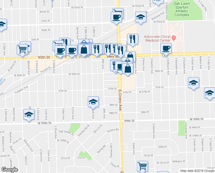 map of restaurants, bars, coffee shops, grocery stores, and more near 4838 West 97th Street in Oak Lawn