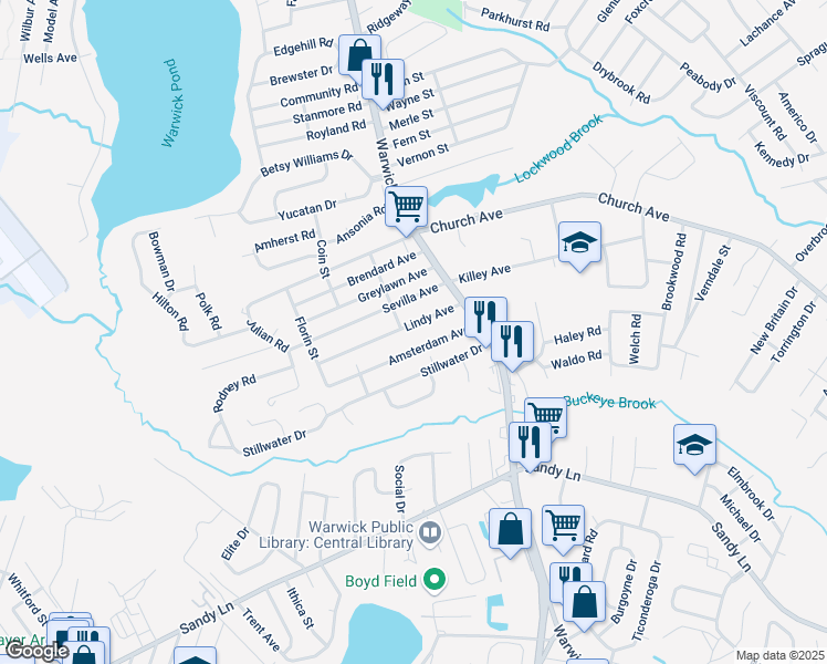 map of restaurants, bars, coffee shops, grocery stores, and more near 58 Lindy Avenue in Warwick