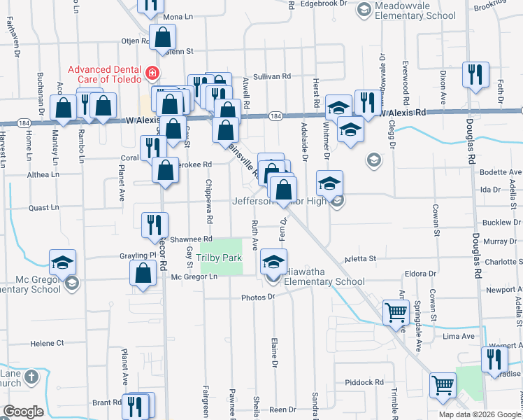 map of restaurants, bars, coffee shops, grocery stores, and more near 5511 Fern Drive in Toledo
