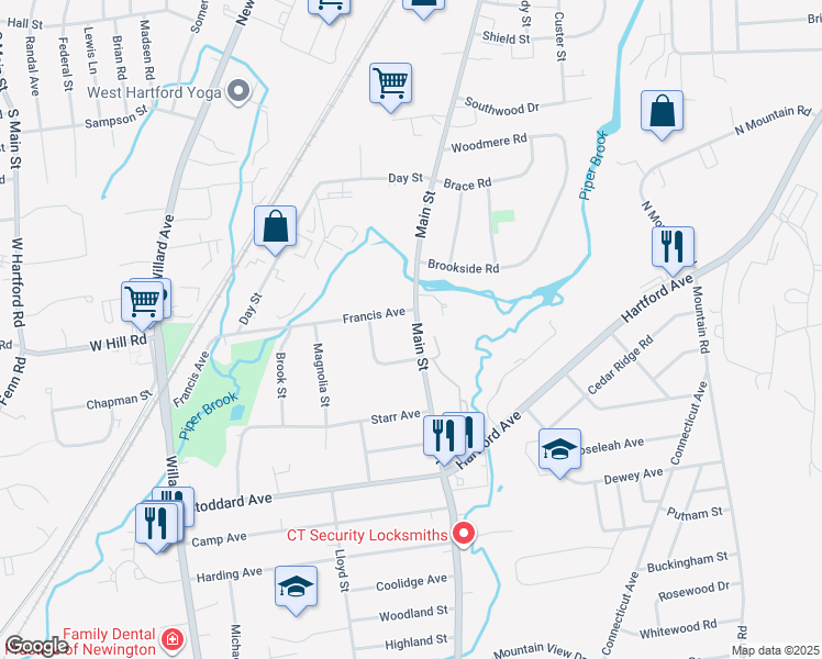 map of restaurants, bars, coffee shops, grocery stores, and more near 171 Main Street in Newington