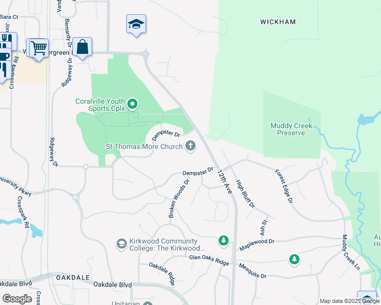 map of restaurants, bars, coffee shops, grocery stores, and more near 3000 12th Avenue in Coralville