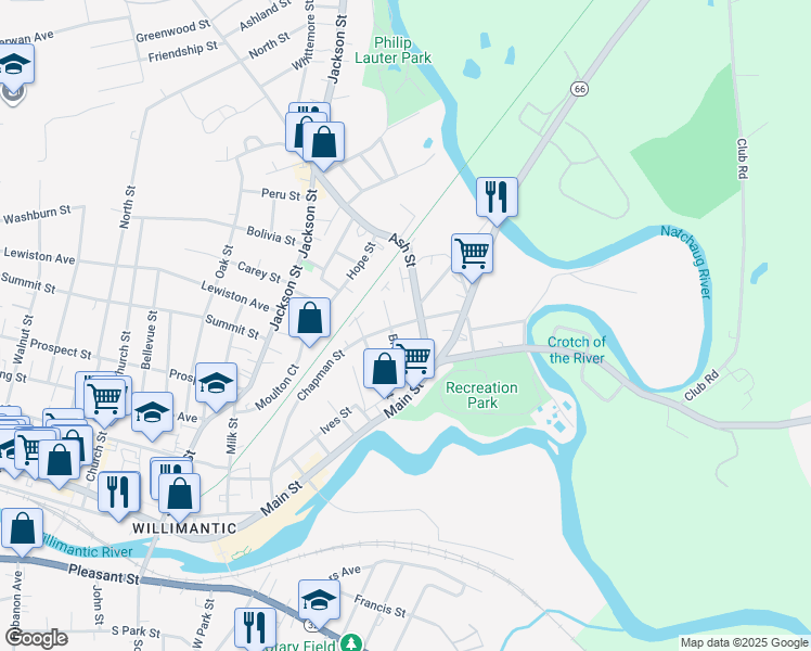 map of restaurants, bars, coffee shops, grocery stores, and more near 167 Chapman Street in Windham