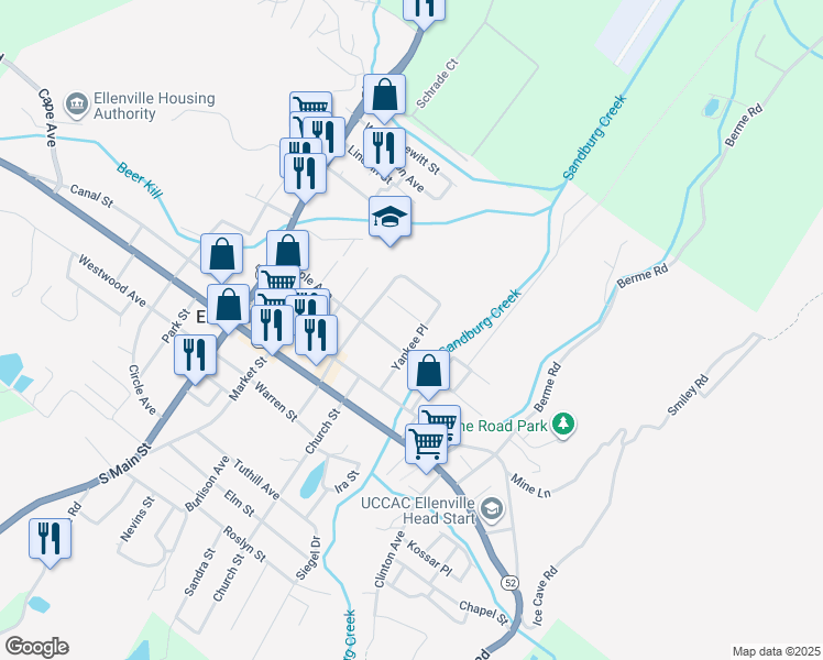 map of restaurants, bars, coffee shops, grocery stores, and more near 14 Yankee Pl in Ellenville