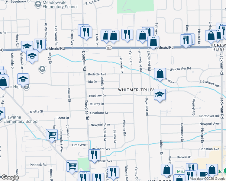 map of restaurants, bars, coffee shops, grocery stores, and more near 2325 Roseview Drive in Toledo
