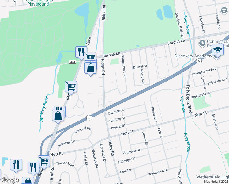 map of restaurants, bars, coffee shops, grocery stores, and more near 14 Lacava Lane in Wethersfield