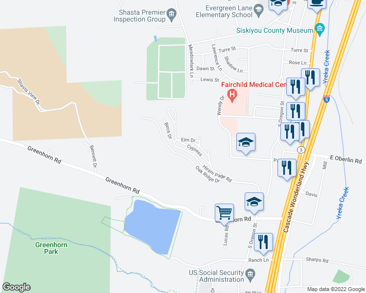 map of restaurants, bars, coffee shops, grocery stores, and more near 442 Hiram Page Road in Yreka
