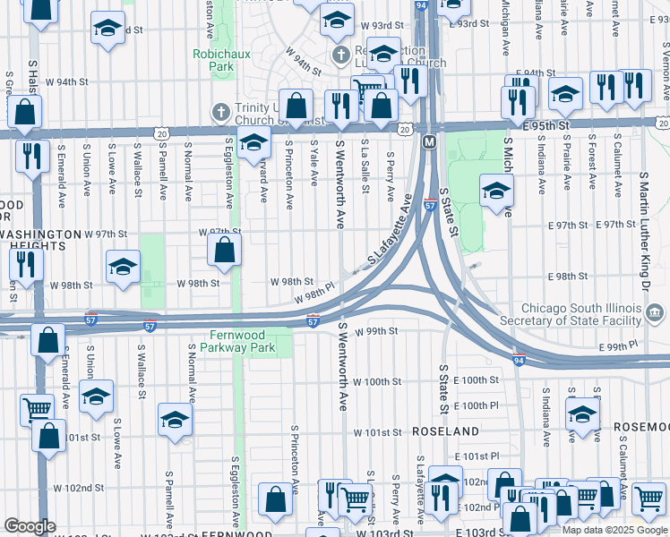map of restaurants, bars, coffee shops, grocery stores, and more near 9746 South Wentworth Avenue in Chicago