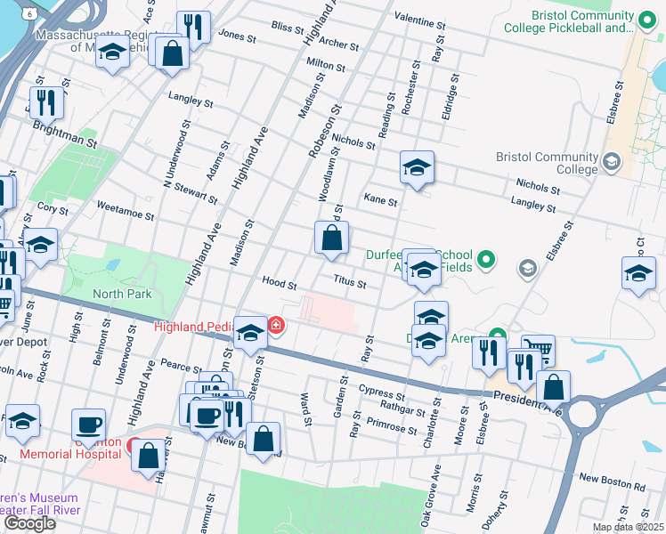 map of restaurants, bars, coffee shops, grocery stores, and more near 665 Weetamoe Street in Fall River