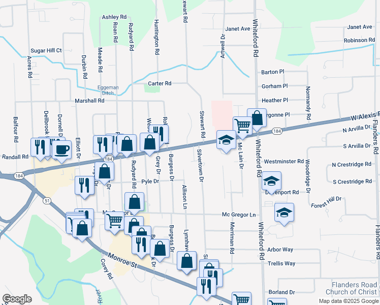 map of restaurants, bars, coffee shops, grocery stores, and more near 5901 West Alexis Road in Sylvania