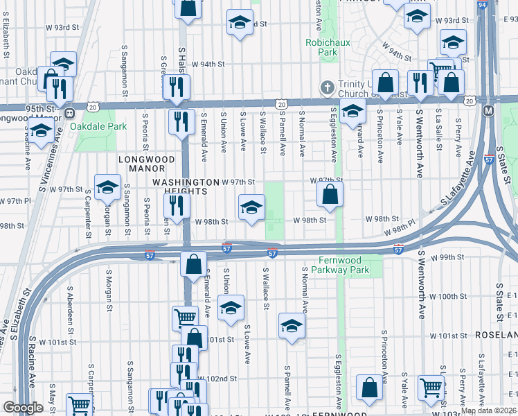 map of restaurants, bars, coffee shops, grocery stores, and more near 9747 South Lowe Avenue in Chicago