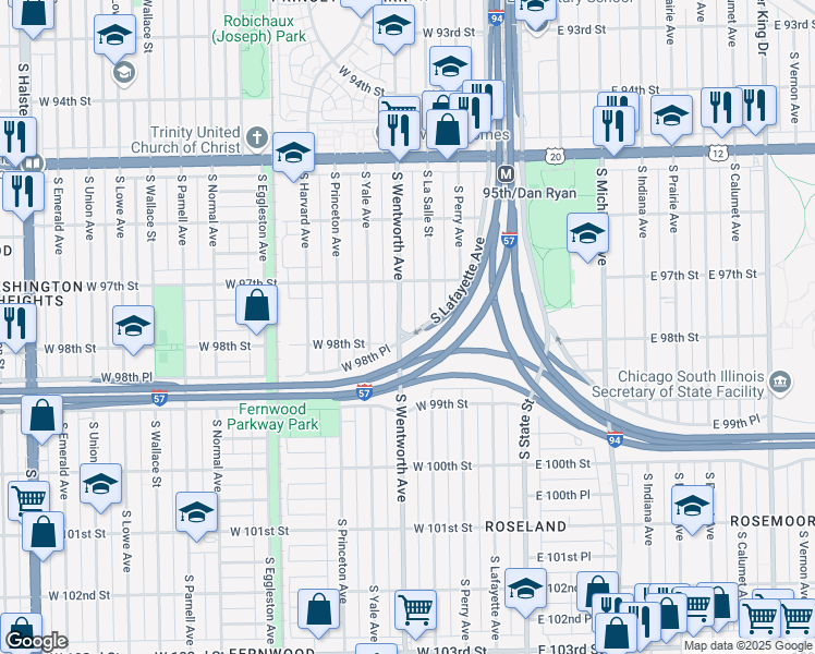 map of restaurants, bars, coffee shops, grocery stores, and more near 9745 South Wentworth Avenue in Chicago