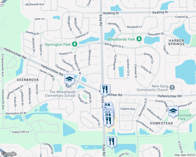 map of restaurants, bars, coffee shops, grocery stores, and more near 2426 Oakfield Court in Aurora
