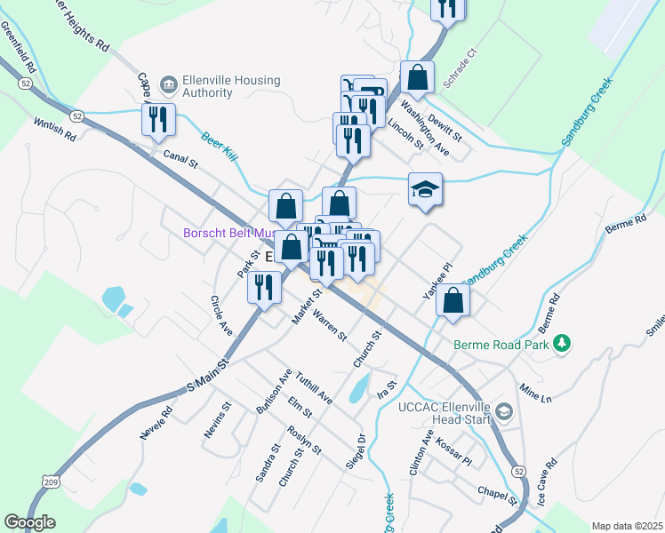 map of restaurants, bars, coffee shops, grocery stores, and more near 9 Market Street in Ellenville