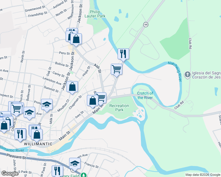 map of restaurants, bars, coffee shops, grocery stores, and more near 19 Boston Post Road in Windham