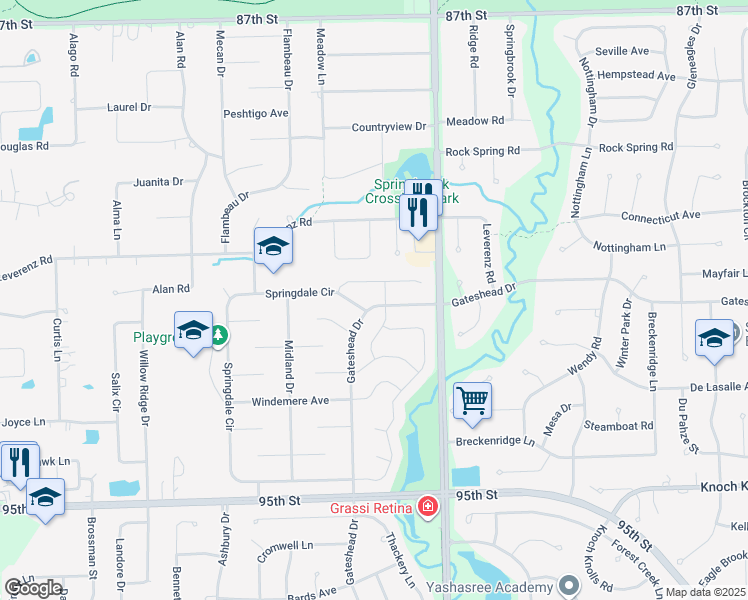 map of restaurants, bars, coffee shops, grocery stores, and more near 1213 Gateshead Drive in Naperville