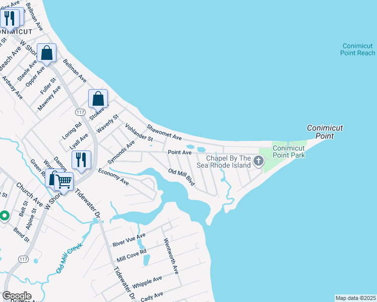 map of restaurants, bars, coffee shops, grocery stores, and more near 238 Point Avenue in Warwick