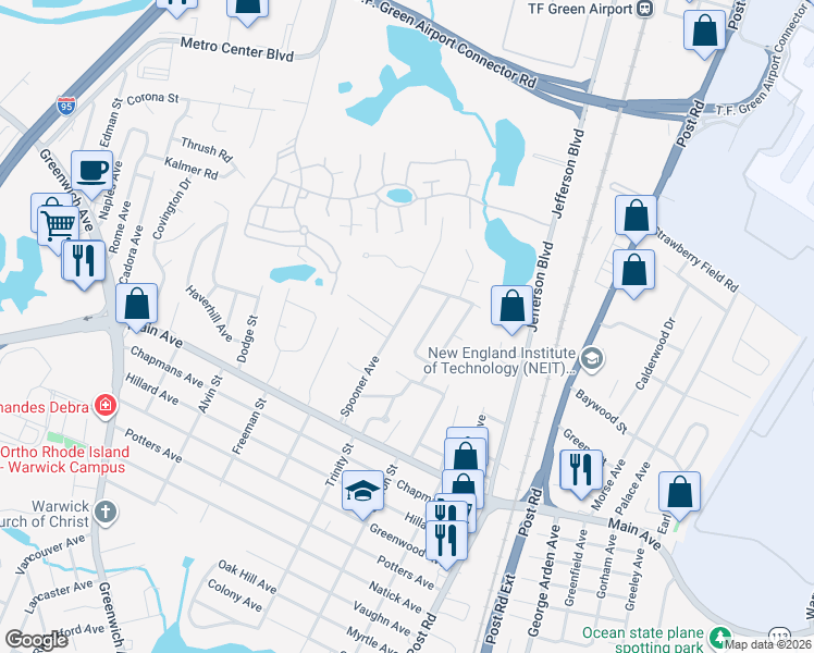 map of restaurants, bars, coffee shops, grocery stores, and more near 136 Spooner Avenue in Warwick