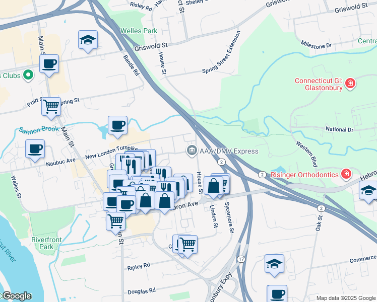 map of restaurants, bars, coffee shops, grocery stores, and more near 81 House Street in Glastonbury