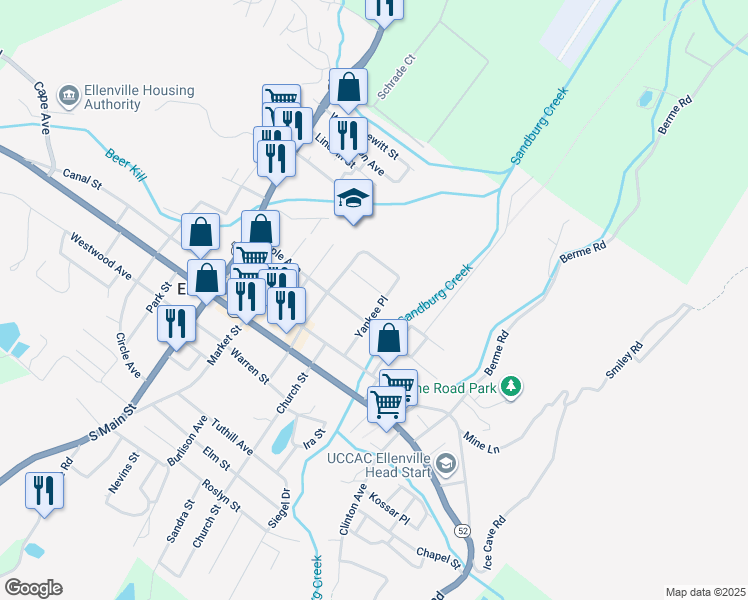 map of restaurants, bars, coffee shops, grocery stores, and more near 15 Yankee Place in Ellenville