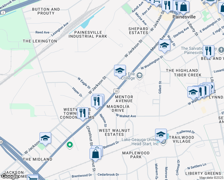 map of restaurants, bars, coffee shops, grocery stores, and more near 596 Mentor Avenue in Painesville