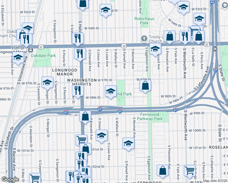map of restaurants, bars, coffee shops, grocery stores, and more near 9747 South Lowe Avenue in Chicago